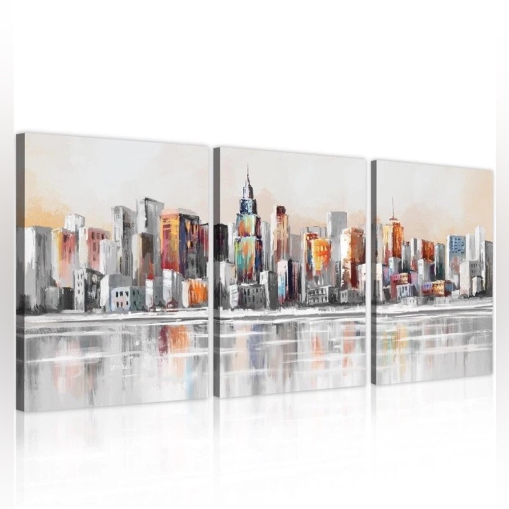 New York Wall Art Manhattan River Poster Canvas Cityscape 3 pieces 12"x16"x3